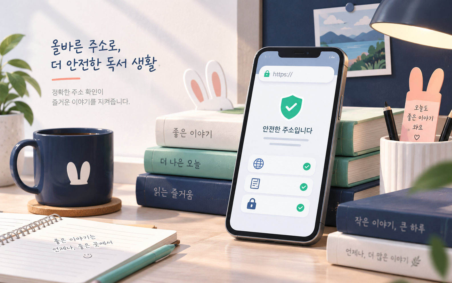 책상 위 스마트폰과 책, 안전 확인 표시가 있는 독서 안내 이미지